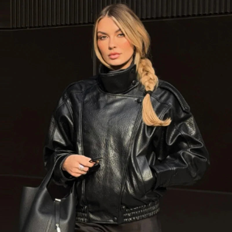 Damen Bomberjacke in Leder-Optik mit Stehkragen und Reißverschluss