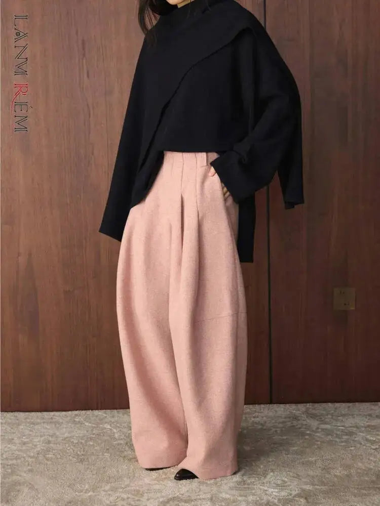 Damespantalon met wijde pijpen, hoge taille, plooien, effen kleur