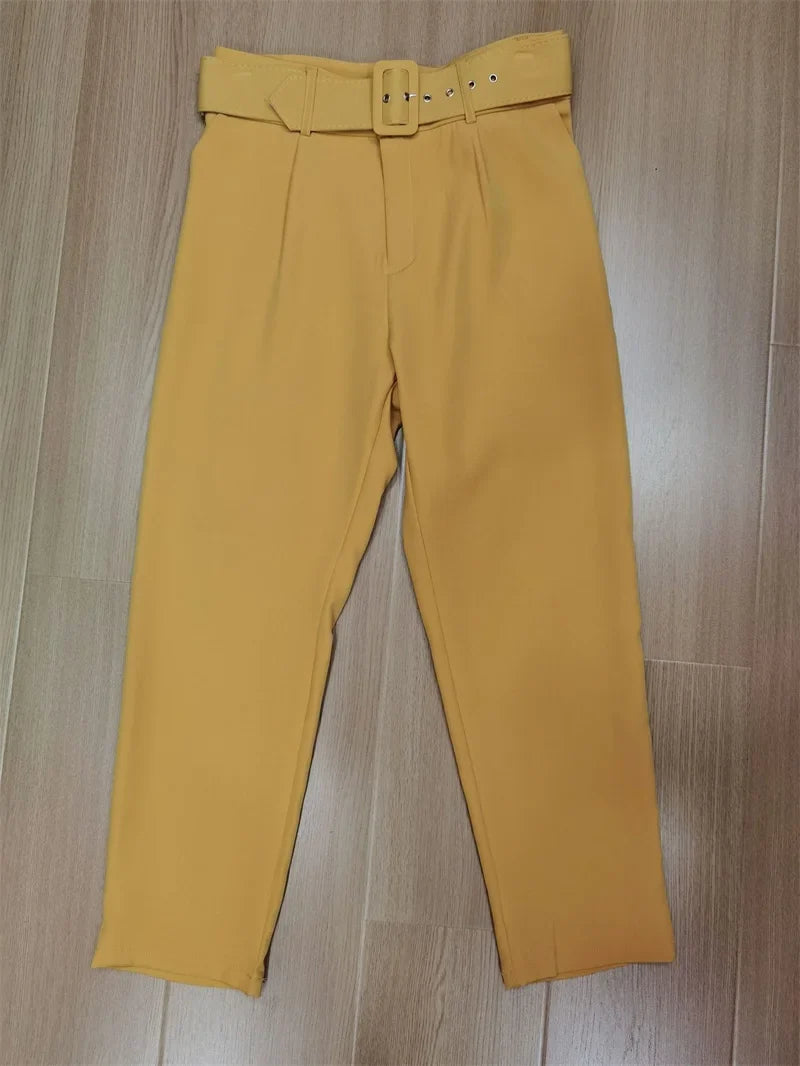 Damen Stoffhose High Waist mit Gürtel Elegante Hose mit geradem Bein