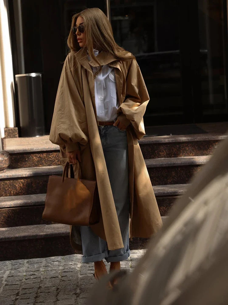 Damen Oversize Trenchcoat mit Ballonärmeln und Bindegürtel