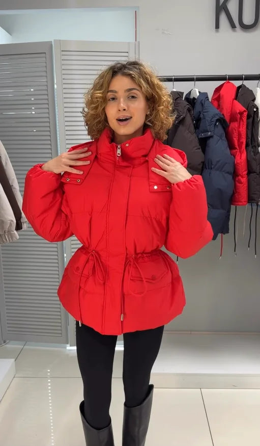 Damen Pufferjacke mit Kapuze und Taillenzugband