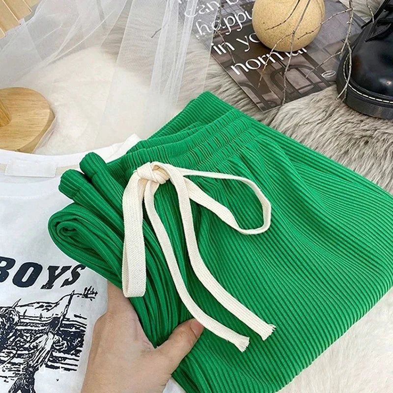 Geribde broek met wijde pijpen en trekkoord