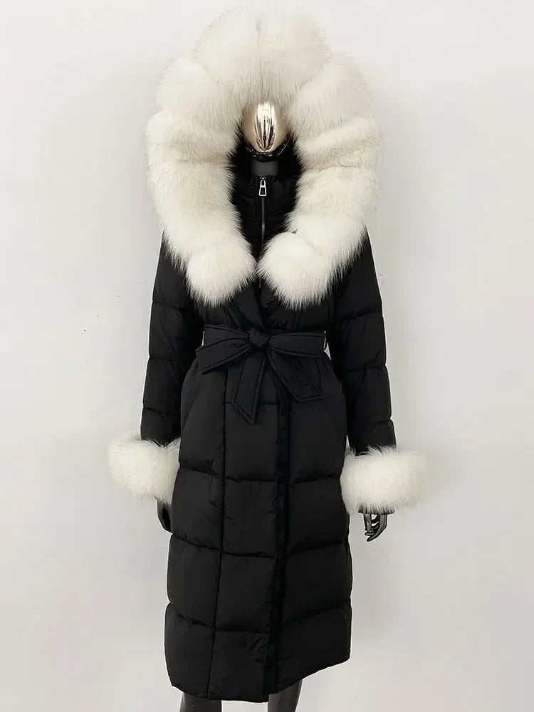 Damen Daunenmantel Lang mit Kapuze und Pelzbesatz Gürtel Steppjacke Warm