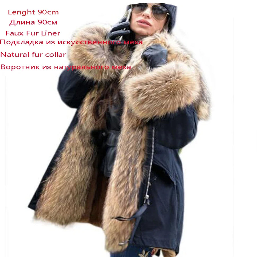 Parka mit Fellkapuze & Fellfutter langer Wintermantel Damen