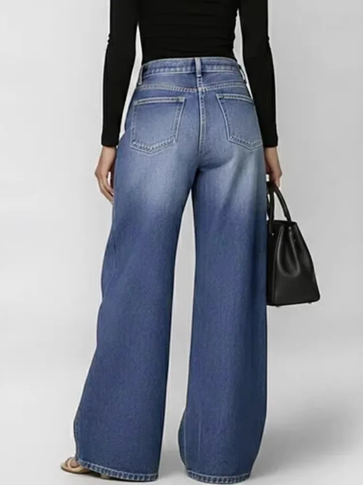 Damen Weite Jeans mit Ösen - Locker geschnitten, Hoher Bund
