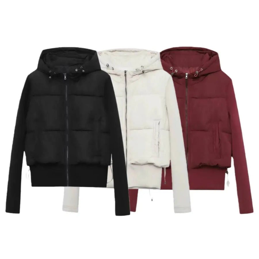 Kurze Damen Pufferjacke mit Kapuze – Gepolstert, Schwarz