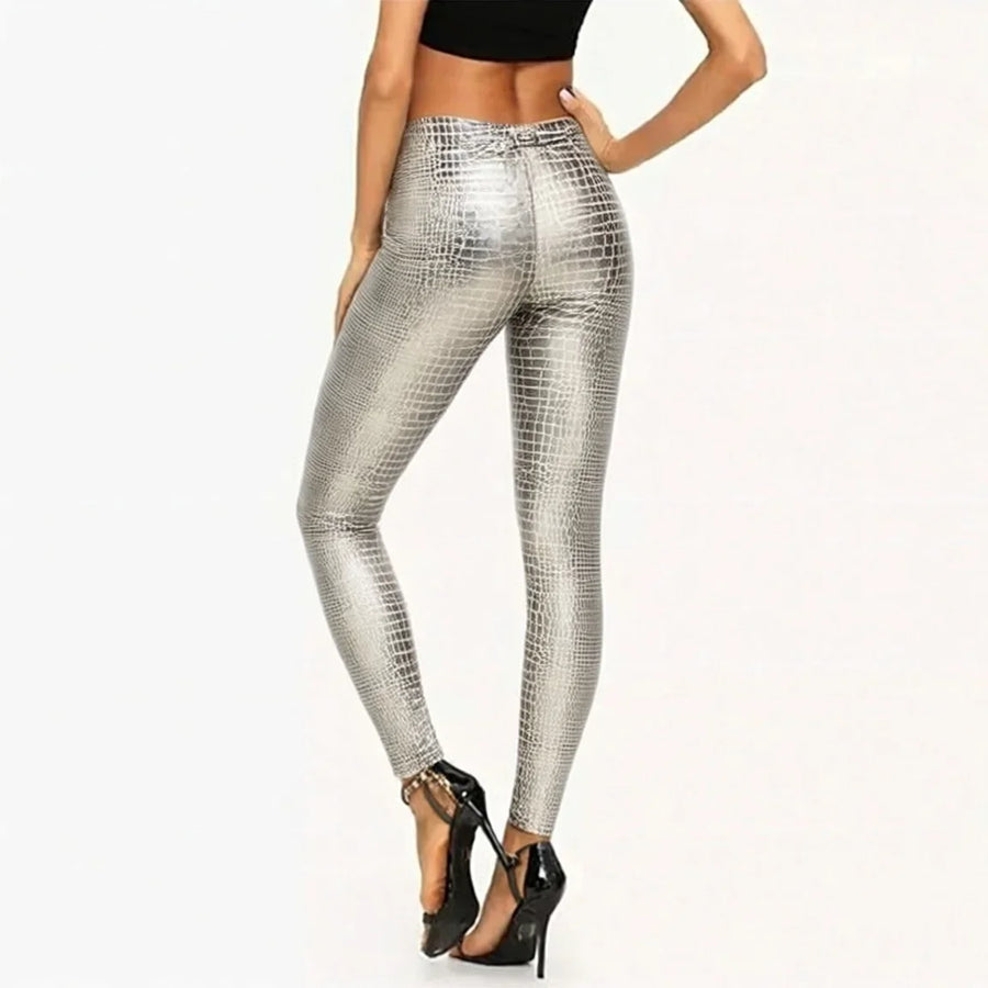 Dameslegging met krokodillenreliëf, hoogglans, zilverkleurig metallic