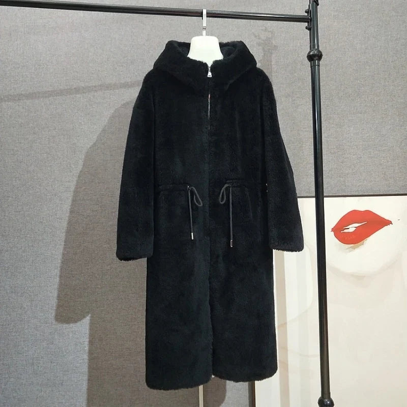 Teddyfell-Mantel mit Kapuze für Damen, Lang, Tunnelzug in der Taille