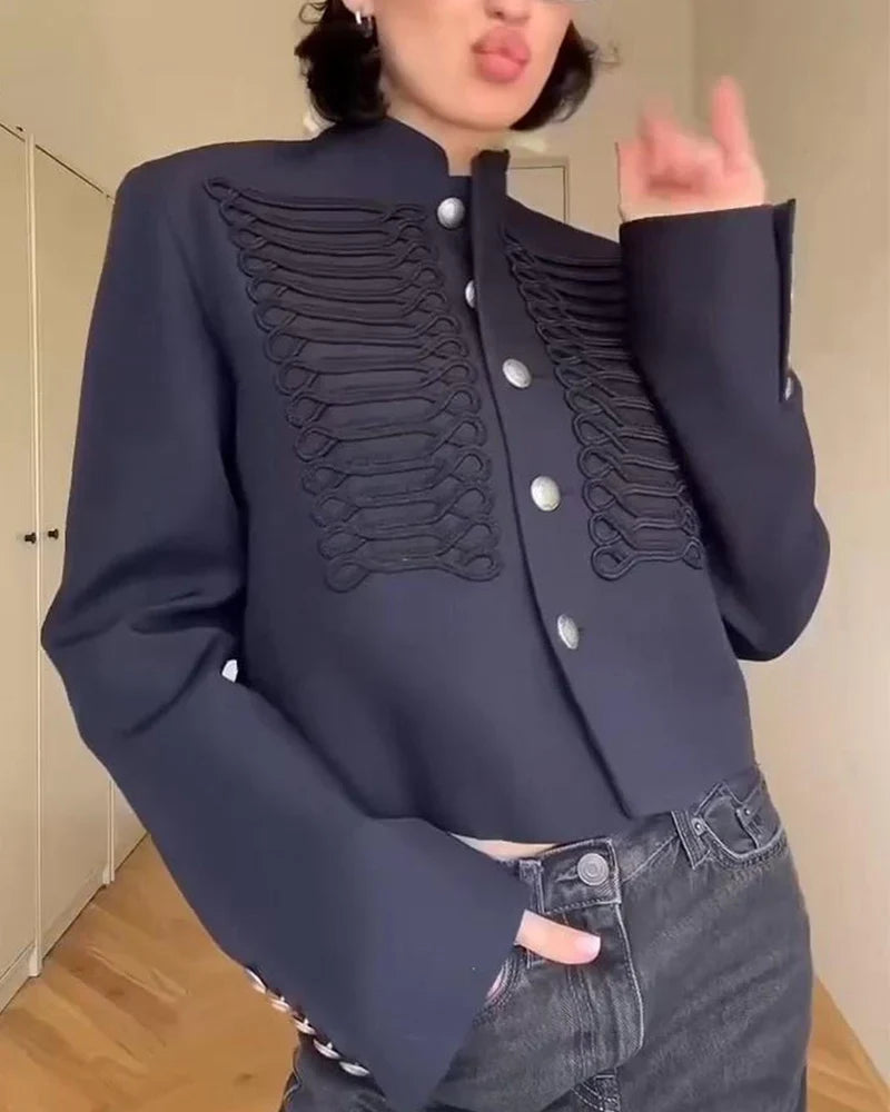 Kurze Militärjacke Damen Dunkelblau mit Stehkragen und Zierknöpfen