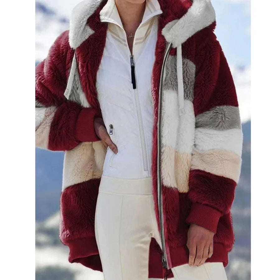 Damen Hoodie Jacke Fleece Winterjacke mit Kapuze Farbenblock