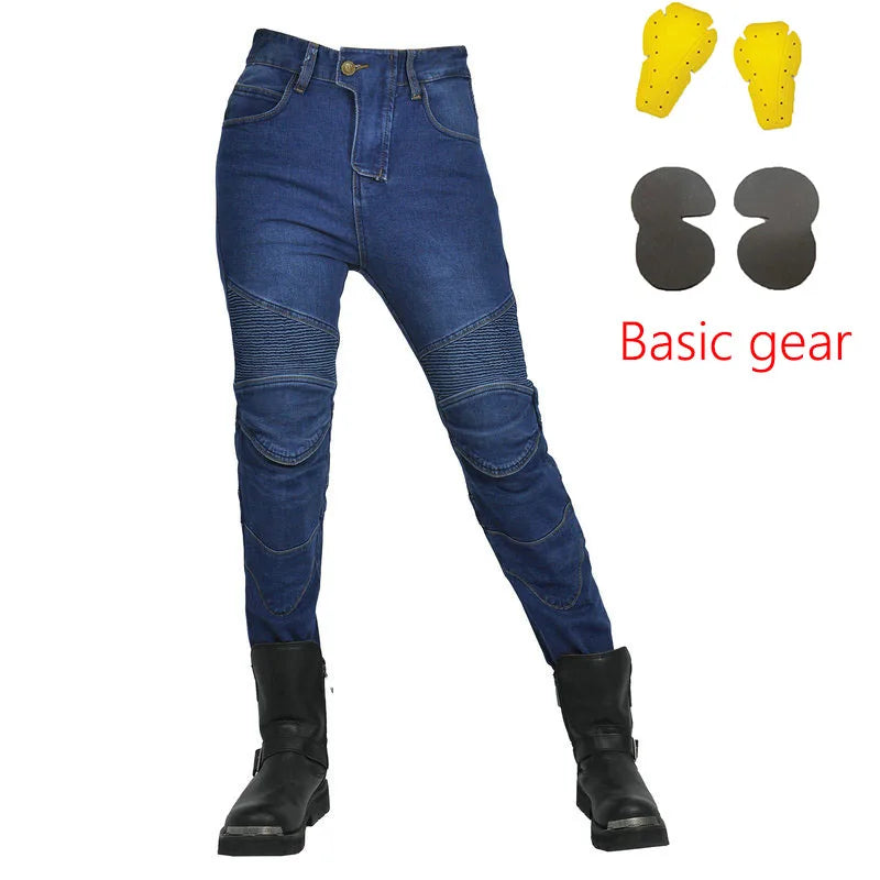 Motorjeans voor dames met protectoren, beschermpads, ribpatroon en slim fit