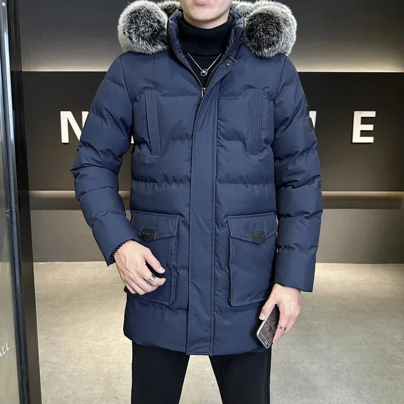 Herren Winterparka mit Kapuze und Fellimitatbesatz, gepolsterte Jacke für kalte Tage