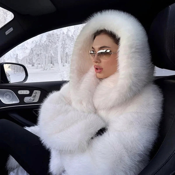 Dameswinterjas van imitatiebont met capuchon, kort, wit