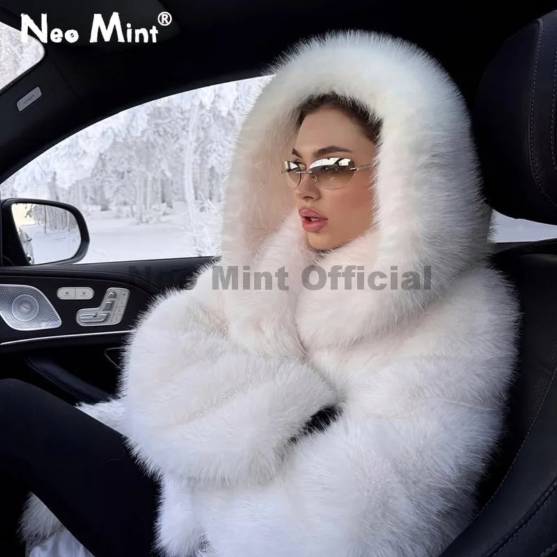 Damen Winterjacke Kunstfell mit Kapuze, kurz, Weiß