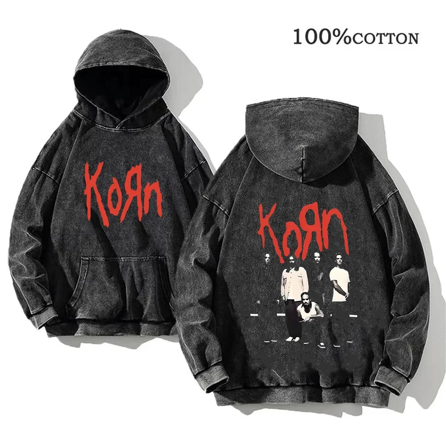 Korn Band Hoodie Unisex Washed Schwarz Kapuzenpullover Oversize