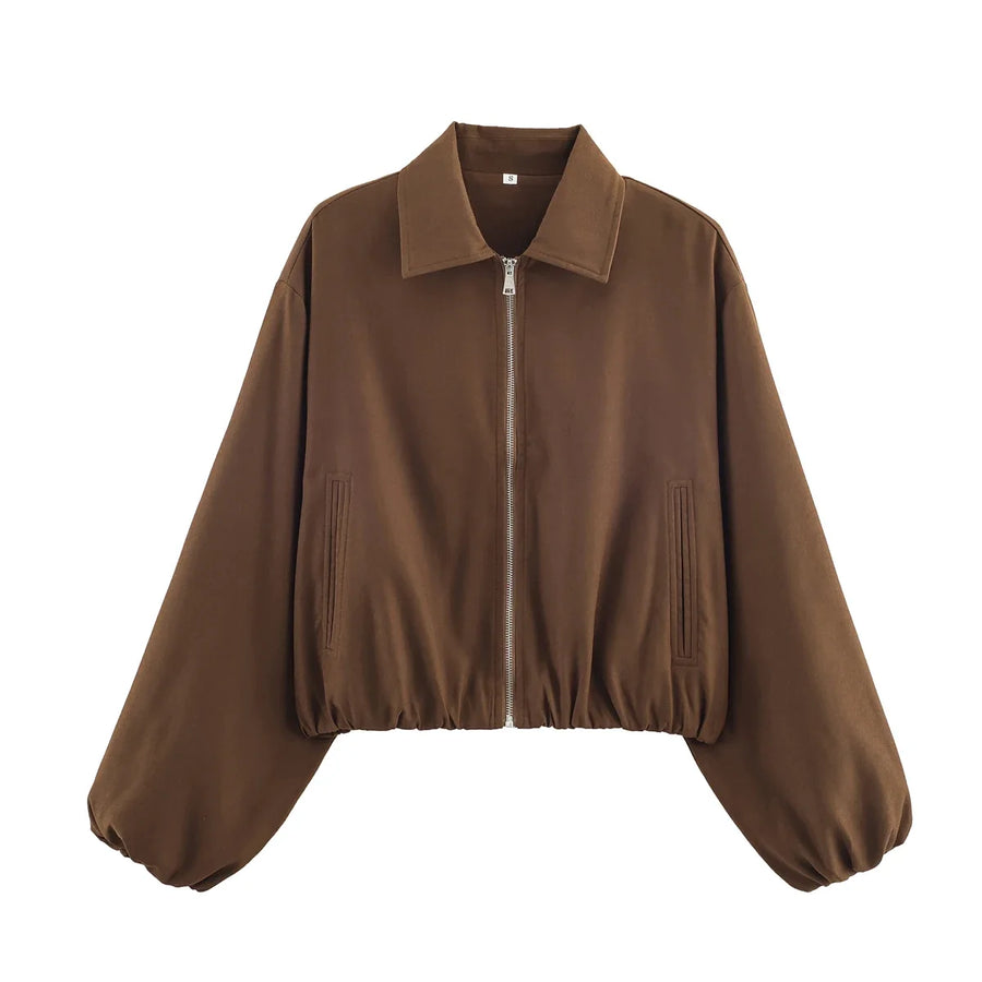 Damen Kurzjacke mit Reißverschluss, Kragen und Gummizugsaum