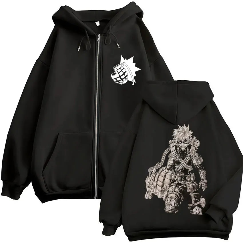 Unisex Reißverschluss Hoodie mit Kapuze & Druckmotiv, lässig