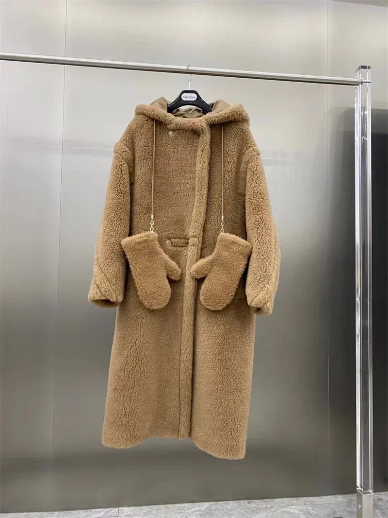 Damen Teddyfell Mantel mit Kapuze und Handschuhen, mittellang, Winter