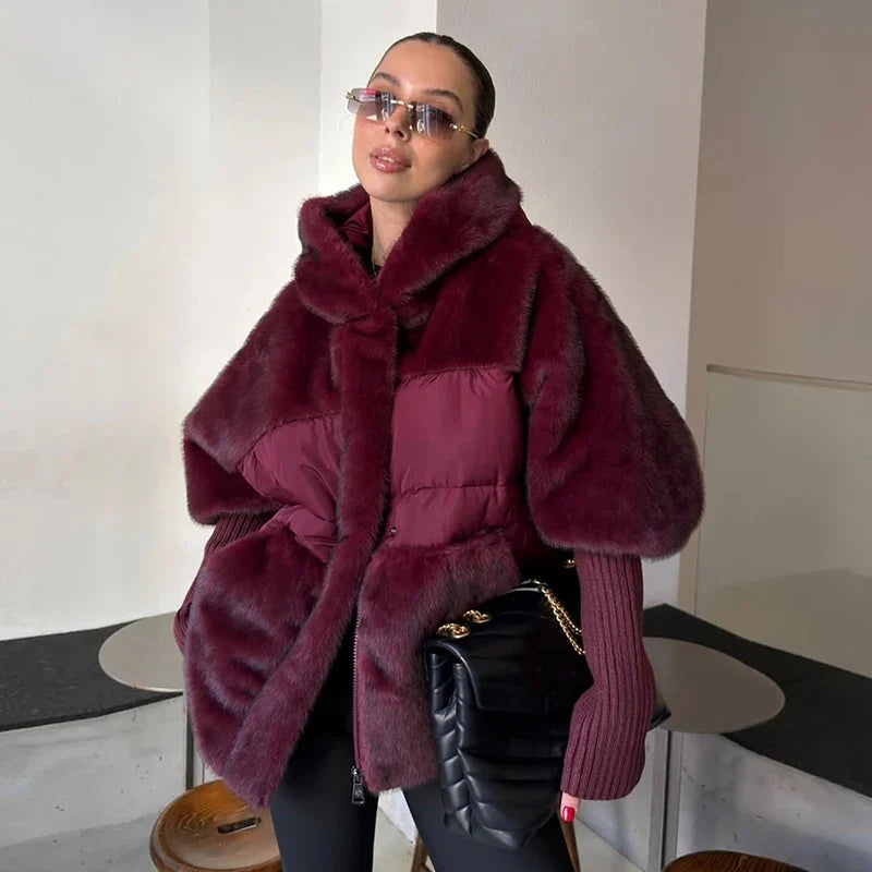 Damen Oversized Hybrid Jacke mit Kapuze, Teddyfell & Stepp-Optik