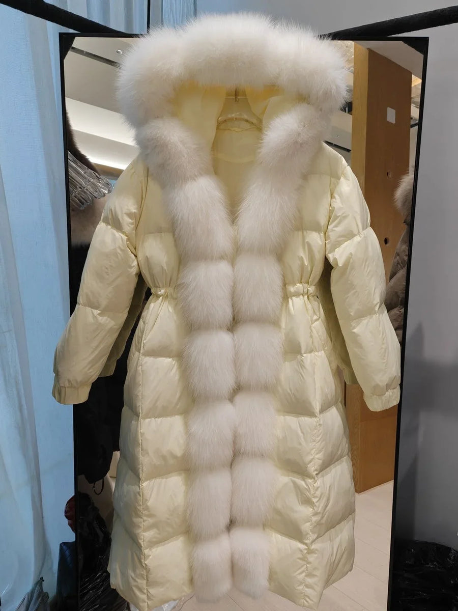 Damen Steppmantel Lang mit Kapuze und Pelzbesatz Winterjacke