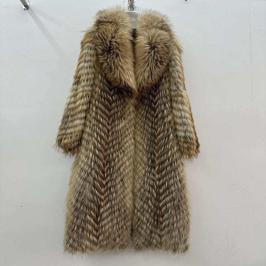Damen Langer Mantel mit Pelz-Optik im Chevron-Muster