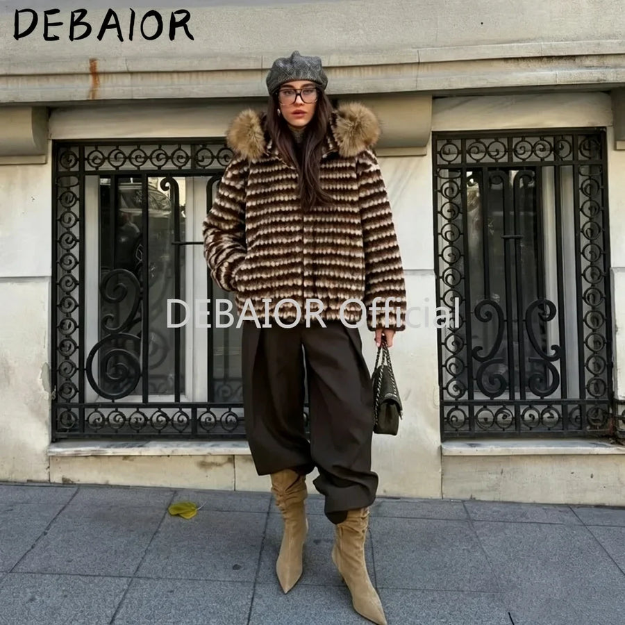 Damen Jacke mit Kapuze, gestreift, Fellimitat, Winterjacke warm