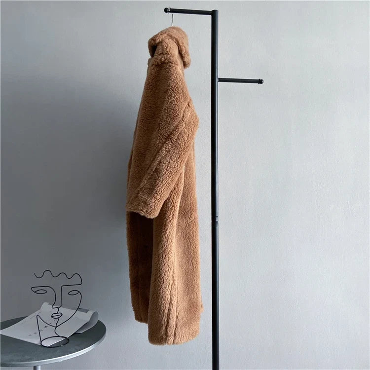 Damen Langer Teddyfell Mantel mit Reverskragen und Taschen