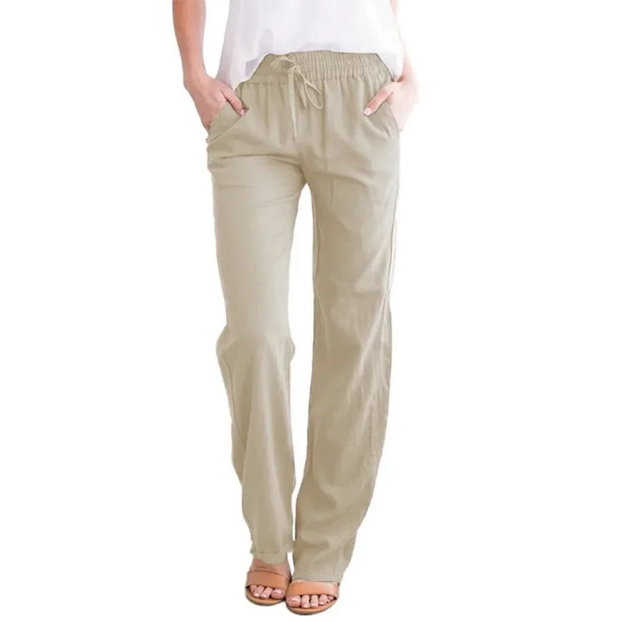 Damen Freizeithose Weites Bein Elastischer Bund Kordelzug Taschen