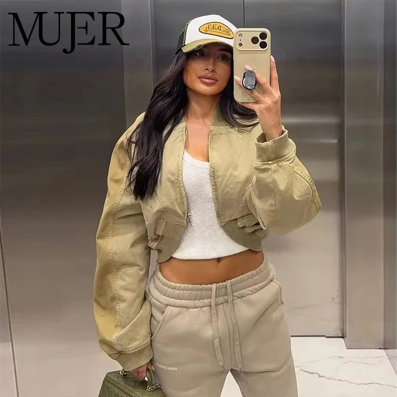 Kurze Bomberjacke Damen Olivgrün Reißverschluss Lange Ärmel