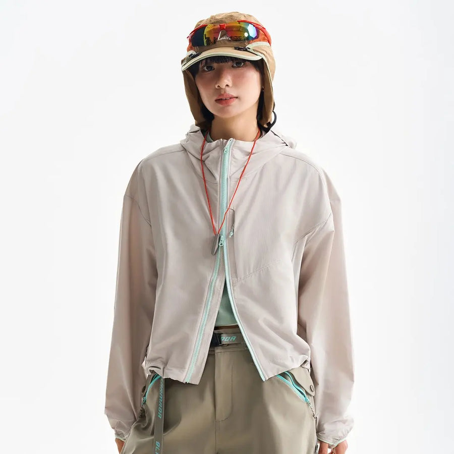 Damen Leichte Kapuzenjacke Crop Top Windjacke Reißverschluss