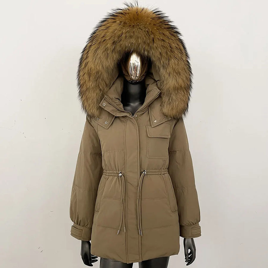 Damen Winterjacke Parka mit Kapuze Kunstfellbesatz Tunnelzug Creme