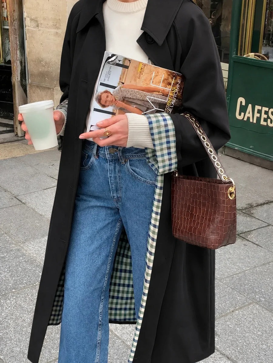 Damen Trenchcoat mit Gürtel Karofutter Langarm Regenmantel