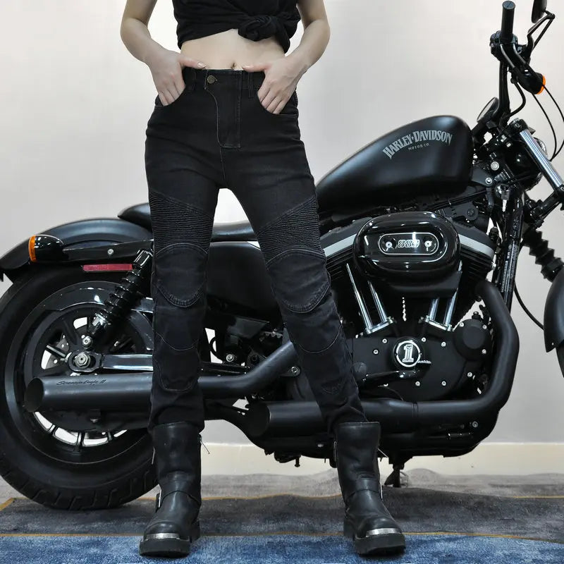 Motorjeans voor dames met protectoren, beschermpads, ribpatroon en slim fit