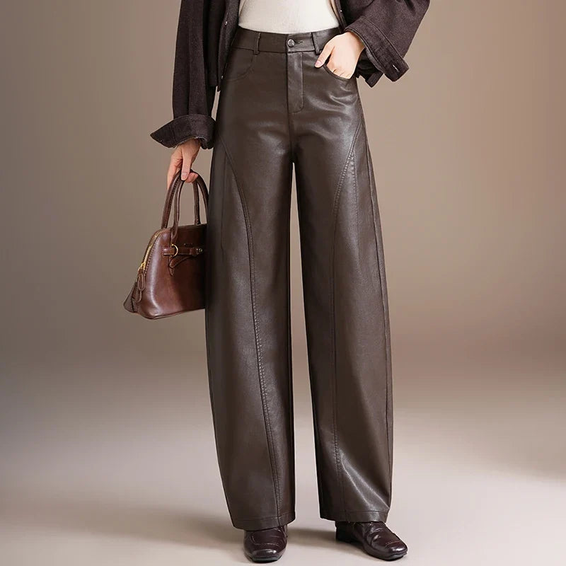 Dameswijde broek met wijde pijpen in lederlook - elegant, hoog getailleerd, bruin of zwart