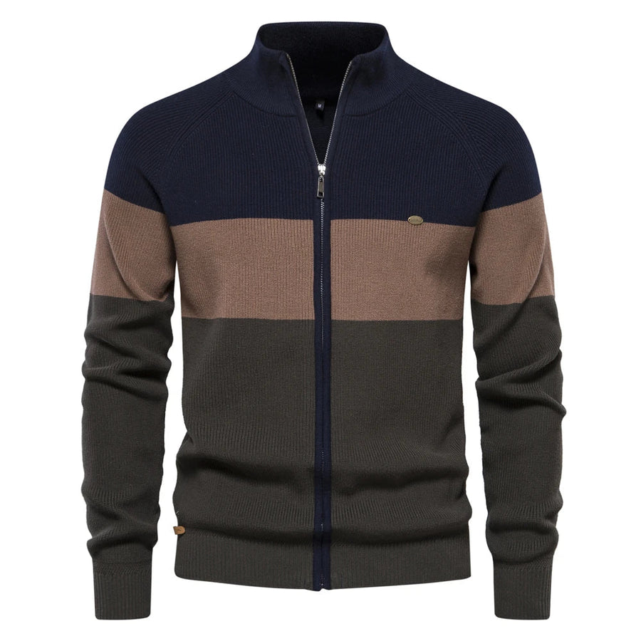 Herenvest met rits, opstaande kraag en kleurvlakken, marineblauw en bruin