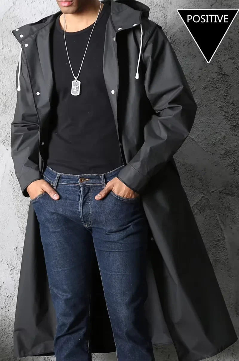 Unisex Regenmantel Lang Schwarz mit Kapuze