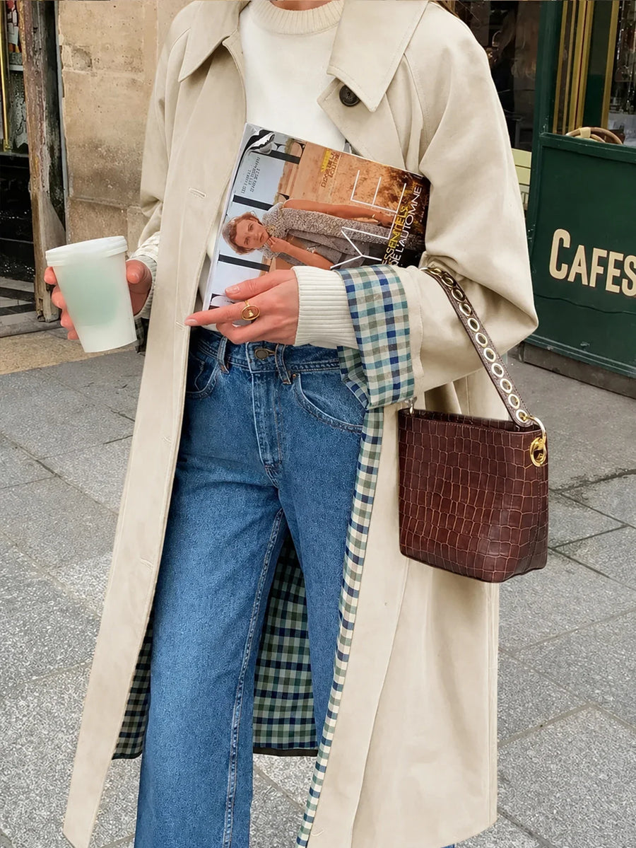Damen Trenchcoat mit Gürtel Karofutter Langarm Regenmantel