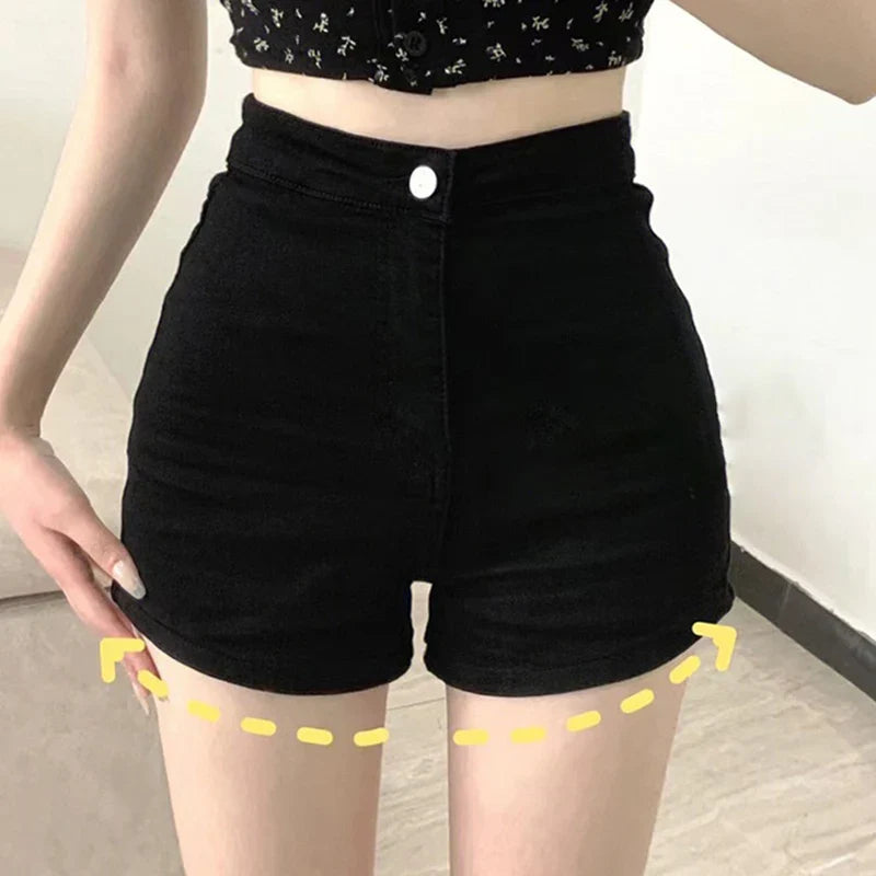 Korte zwarte damesshorts met hoge taille, denimlook