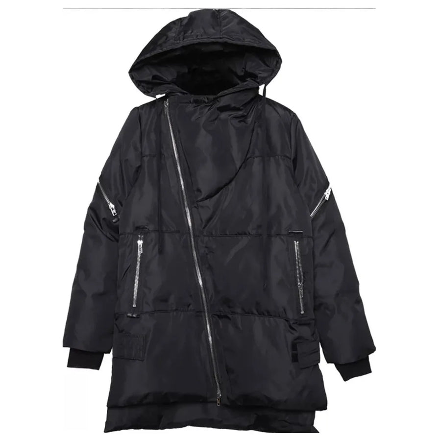 Schwarze Winterjacke für Herren mit Kapuze und asymmetrischem Reißverschluss, gepolstert