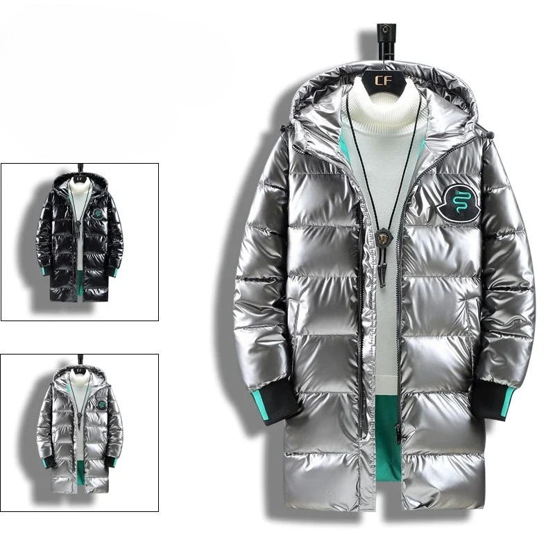 Unisex Glänzender Daunenmantel mit Kapuze – Schwarz oder Silber, Lang, Steppdesign
