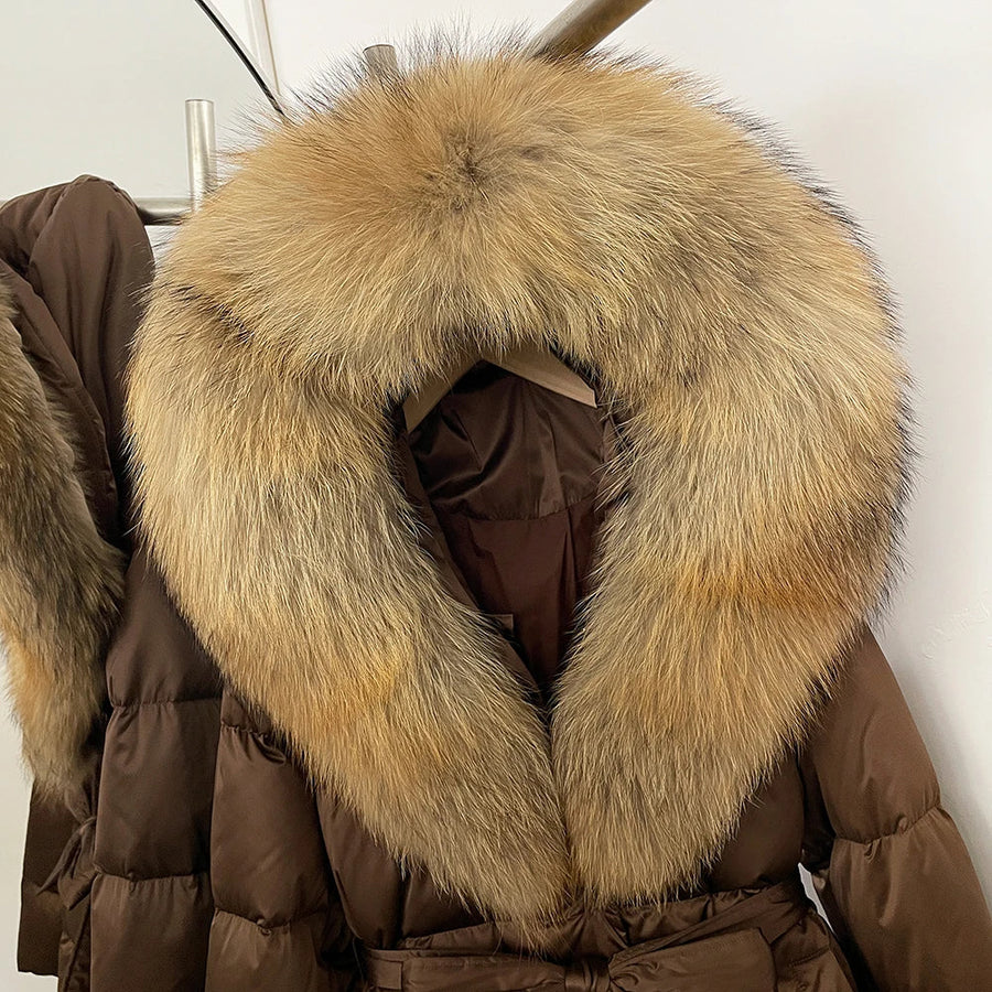 Damen Daunenjacke mit Kunstpelzkragen und Bindegürtel, warme Winterjacke