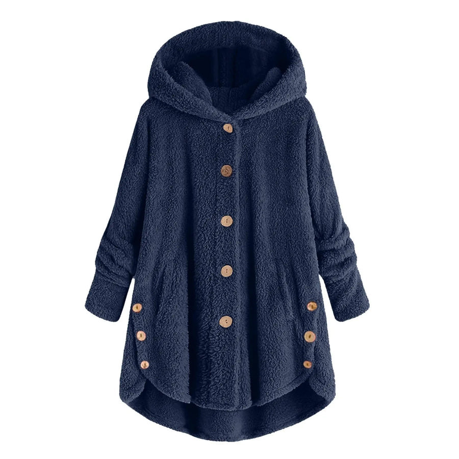 Damen Teddy-Fleece Jacke mit Kapuze und Knöpfen