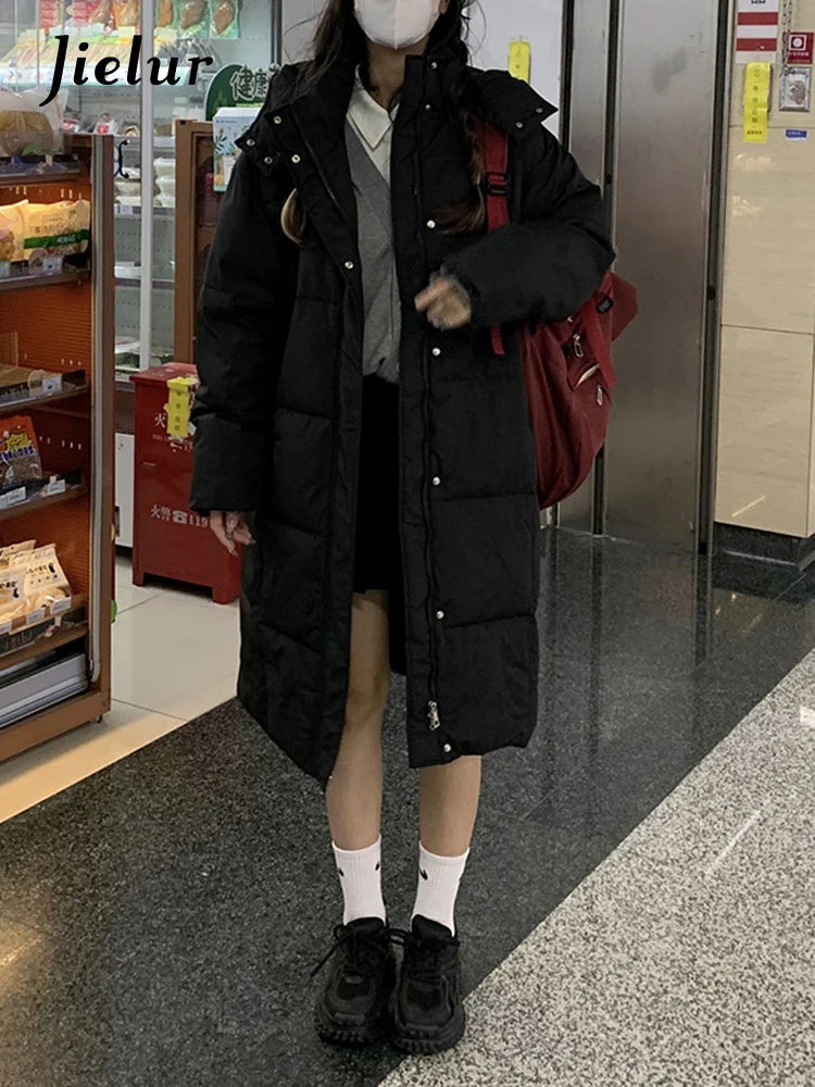 Damen Langer Steppmantel mit Kapuze Winterjacke