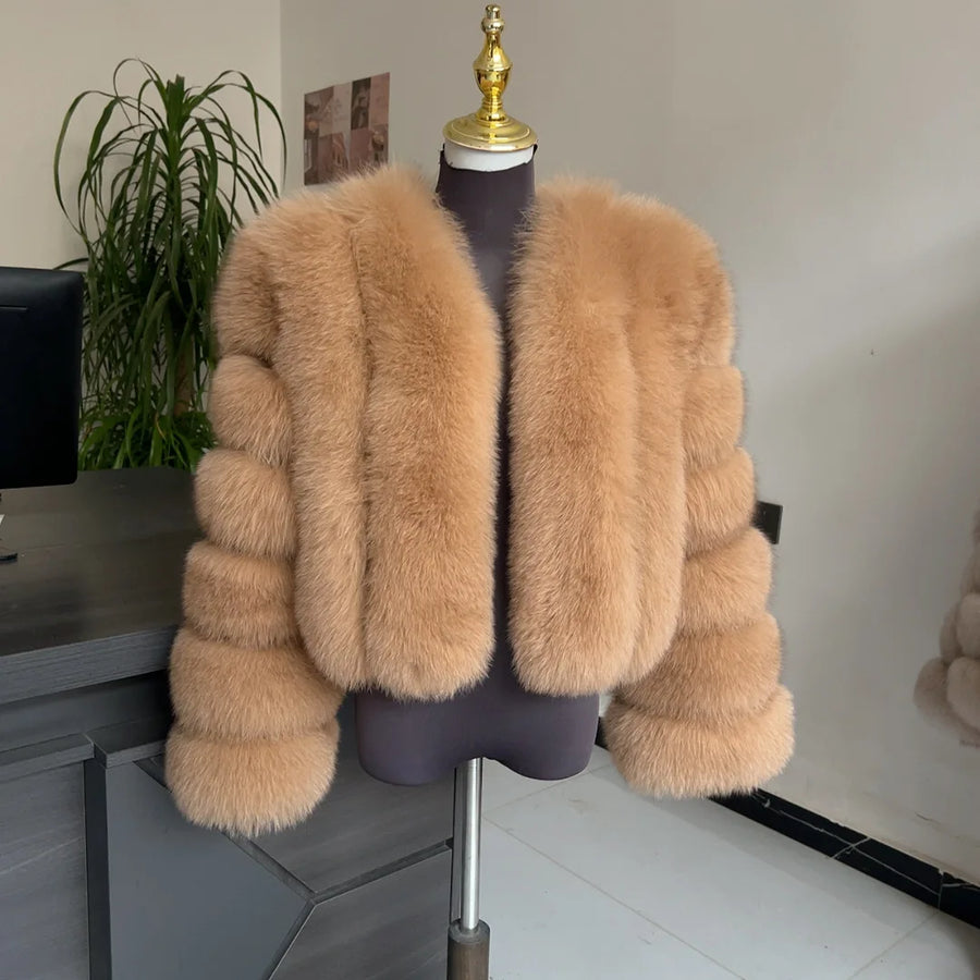 Kurze Damen Kunstpelzjacke mit langen Ärmeln und V-Ausschnitt, mehrfarbig