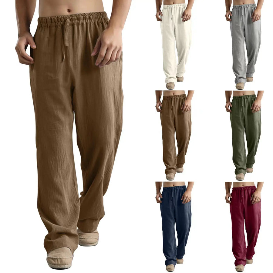Uniseks linnenbroek met wijde pijpen, comfortabele vrijetijdsbroek, beige