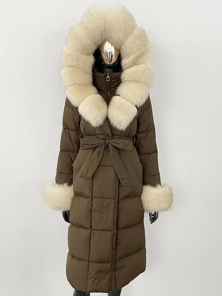 Damen Daunenmantel Lang mit Kapuze und Pelzbesatz Gürtel Steppjacke Warm
