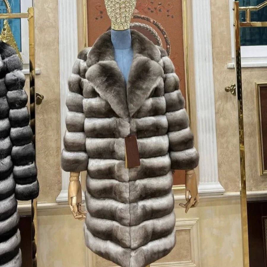 Damen Luxus Mantel Langarm Kunstpelz Weicher Kragen Beige-Grau Gestreift