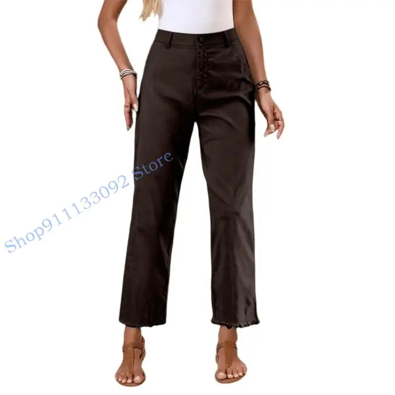 Damen Stoffhose mit geradem Bein, Hoher Bund & Fransen Saum – Beige