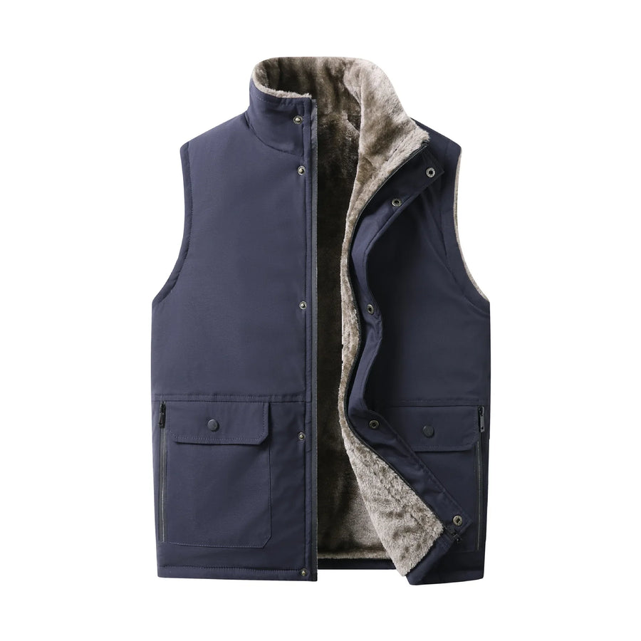 Herenbodywarmer met pluche voering, knoopsluiting en V-hals, olijfgroen