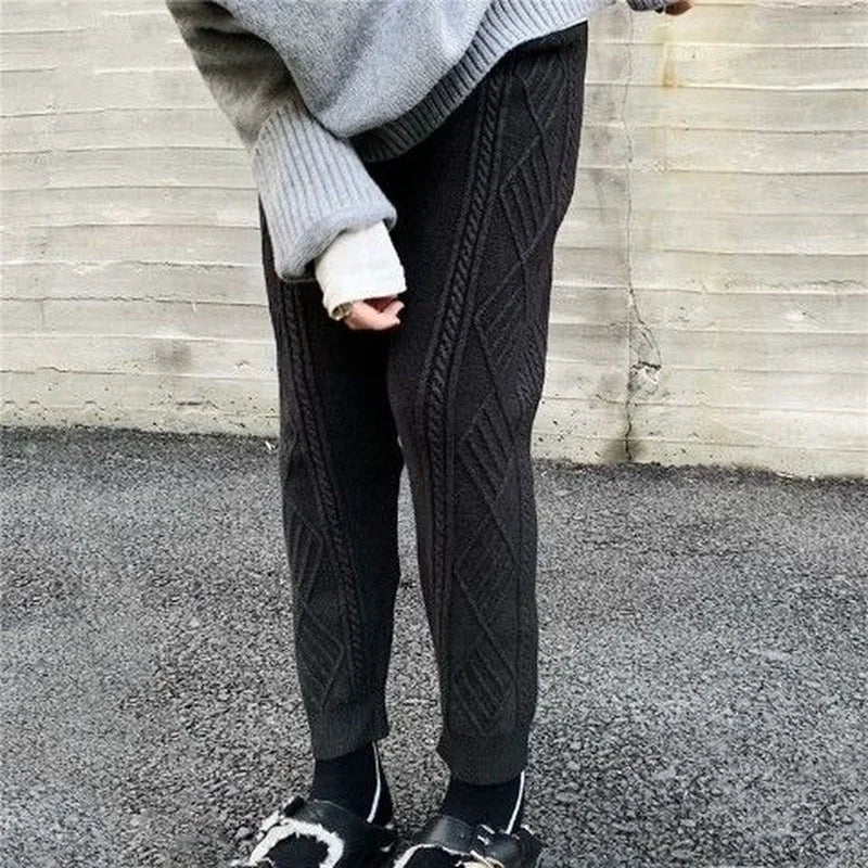 Damesgebreide broek met kabelpatroon, joggingbroek, losse vrijetijdsbroek, beige